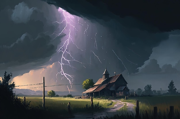 A storm in a field with a church in the background