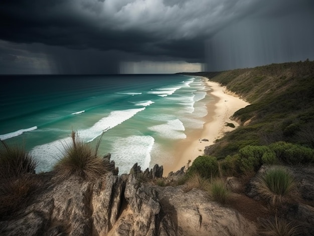 A storm is coming over the beach and the ocean is approaching.