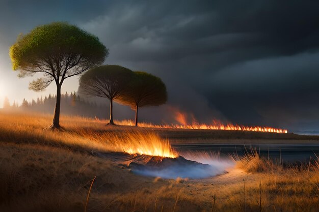 A storm is coming in over a field of grass and trees.