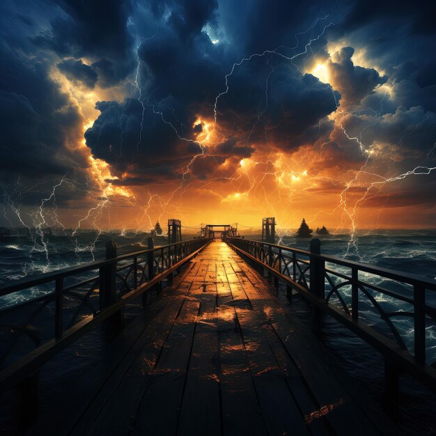 a storm is coming in over a pier with a storm cloud in the sky