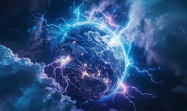 Photo a storm is hitting a planet with lightning boltsgeomagnetic explosion scene illustration doomsday