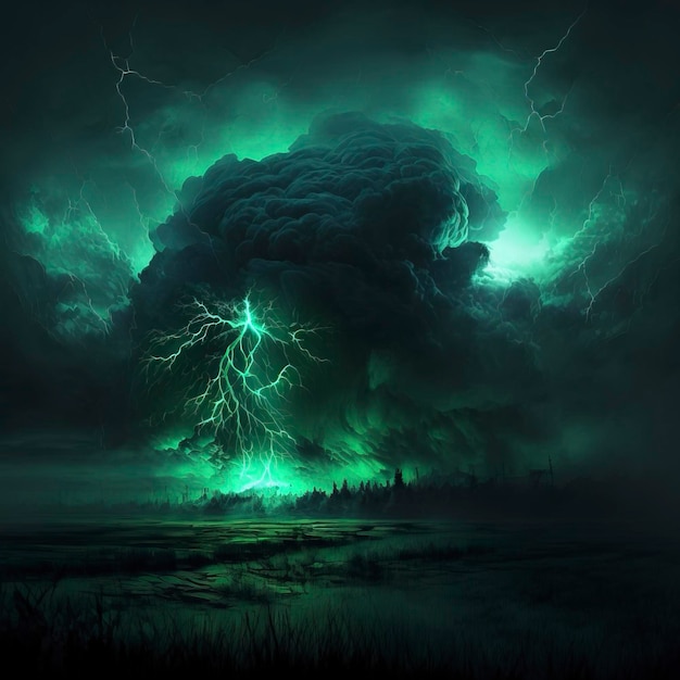 storm, lightning, green fog