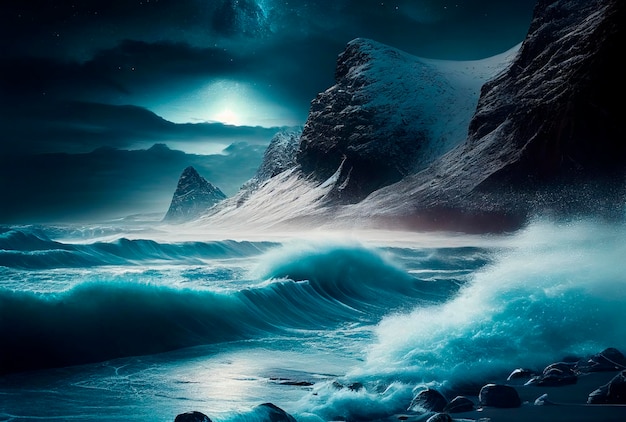 Storm on the ocean northen light Beautiful landscape of Islandia Norway Generative AI