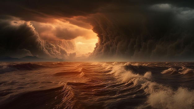 A storm on the ocean with a dark sky and clouds