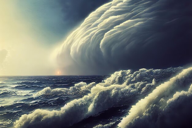 A storm over the ocean with a dark sky and a large wave