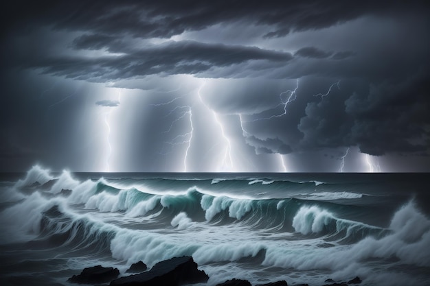 A storm over the ocean with a lightning bolt on the horizon.