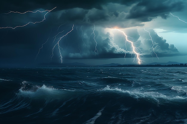 海の嵐と水面の稲妻