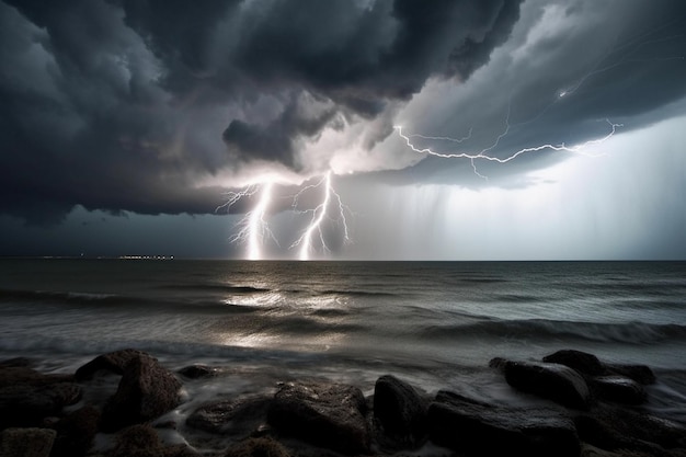 Foto una tempesta sull'oceano con un fulmine sul lato sinistro.