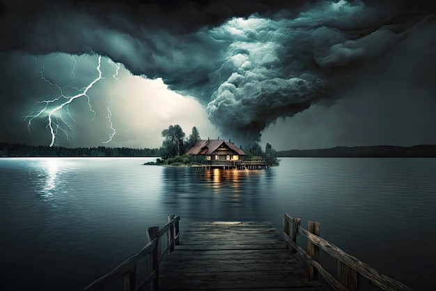 Storm raging on lake during dramatic thunderstorm in evening generative ai