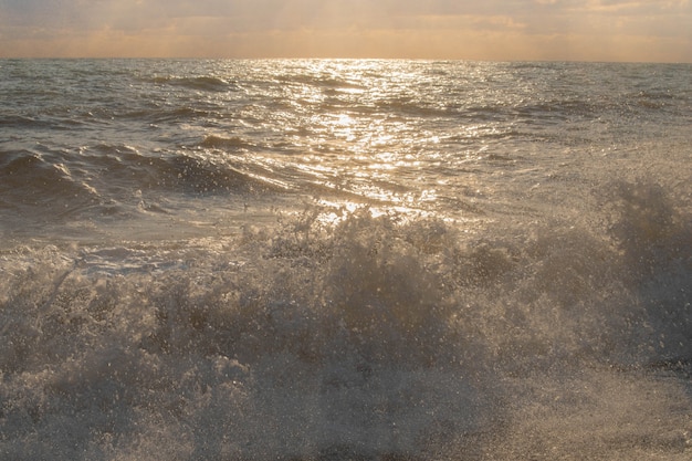 Storm on the sea in the rays of sunset big waves, spray.