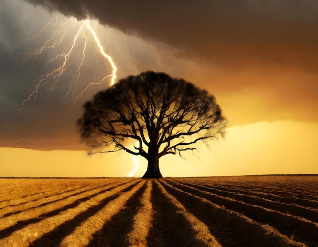 storm at sunset over the fields