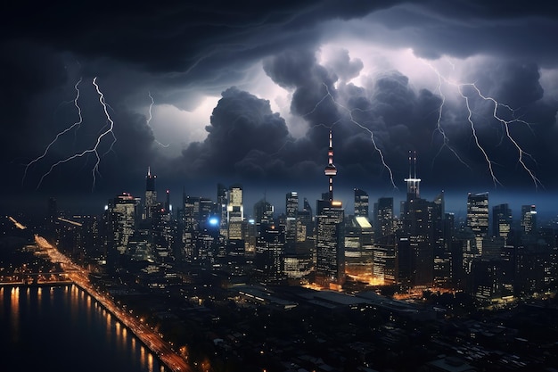 storm unfolding in the city dark clouds swirling above tall skyscrapers rain pouring down and lightning illuminating the urban landscape