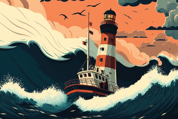 Storm waves and ship lighthouse at sea