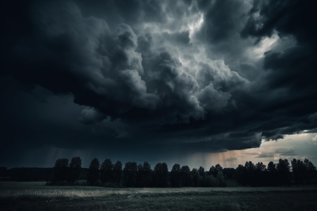 A storm with a dark sky and a tree in the background