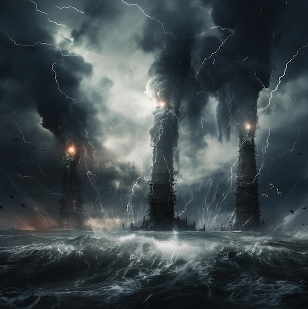 a storm with a lighthouse in the background and a lightning bolt in the sky.