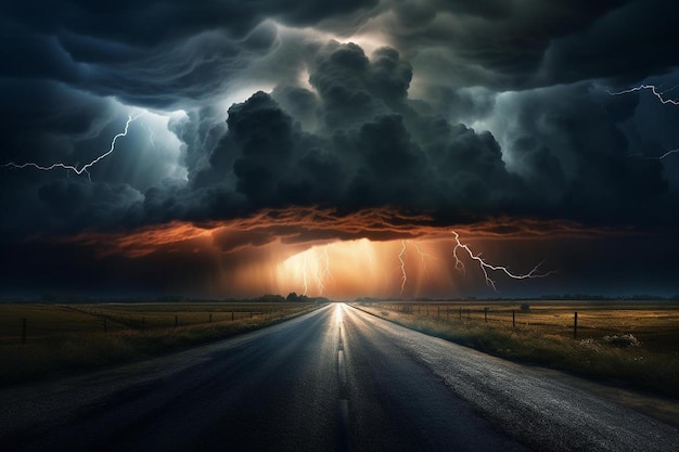 a storm with lightning in the sky and a road with a storm in the background.