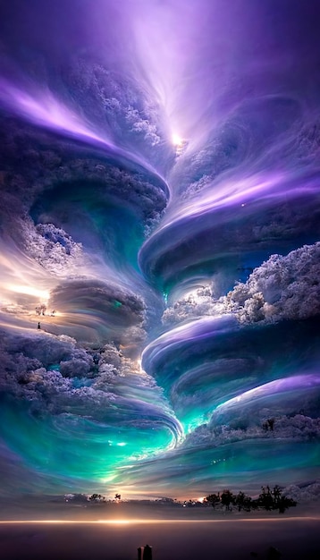 A storm with a purple and green storm cloud