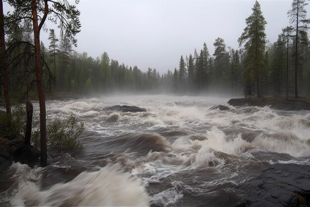 Stormachtige bergrivier in de taiga Generatieve AI