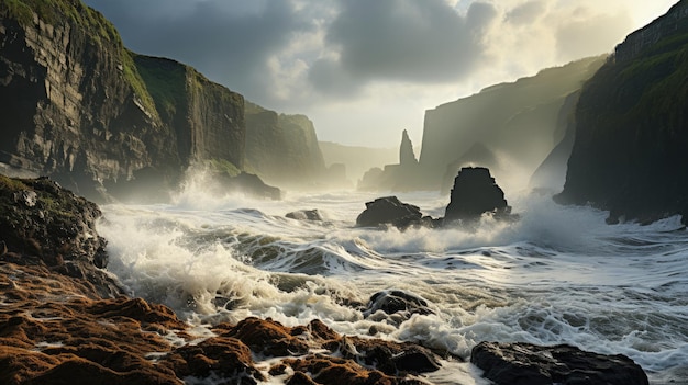 Stormachtige kliffen en golven