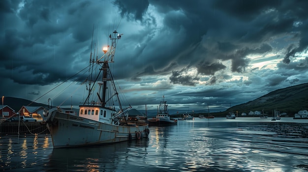 Stormachtige lucht over de haven Vissersboten Resilientie