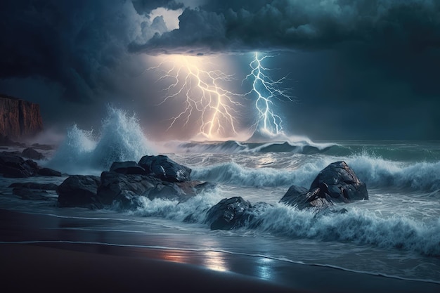 Stormachtige oceaankust met golven die tegen de kust slaan en bliksemflitsen in de lucht