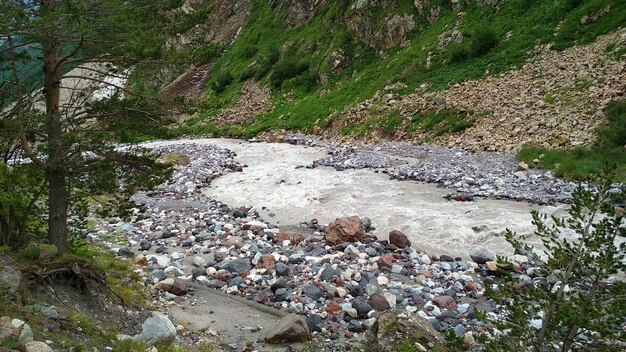 Stormachtige rivier stroomt in een bergkloof