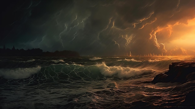 Stormachtige zee bij zonsondergang Dramatische lucht generatieve AI
