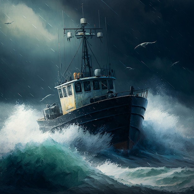 Stormachtige zeeën De reis van een vissersboot door donder en golven Generatieve AI