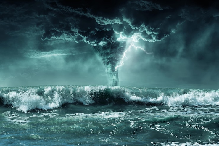 Foto stormachtige zeegolven op een zandstrand tegen de achtergrond van een onweersbui