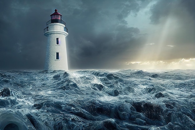 Stormgolven van zeewater raken de stenen pier en de vuurtoren