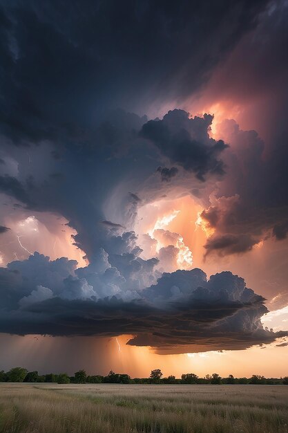 Stormige lucht met dramatische wolken van een naderende onweersbui bij zonsondergang