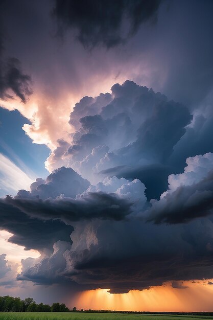 Stormige lucht met dramatische wolken van een naderende onweersbui bij zonsondergang