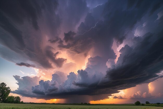 Stormige lucht met dramatische wolken van een naderende onweersbui bij zonsondergang