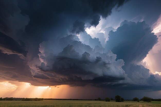 Stormige lucht met dramatische wolken van een naderende onweersbui bij zonsondergang