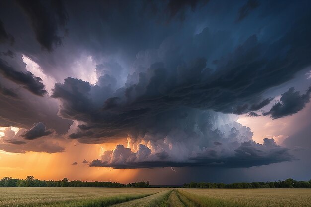 Foto stormige lucht met dramatische wolken van een naderende onweersbui bij zonsondergang