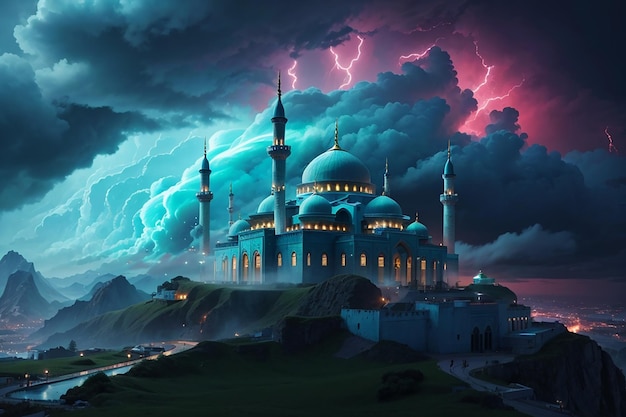Stormige moskee op een neonkleurig huis bedekt met een bergtop van wervelende blauwe tornado's