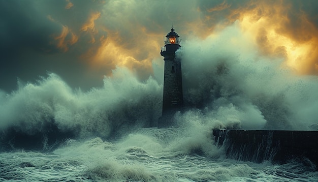 Stormige zee met grote golven en vuurtoren