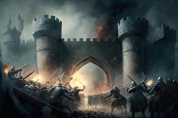 Storming of medieval castle fortress siege of city chaos Generative AI AIG15