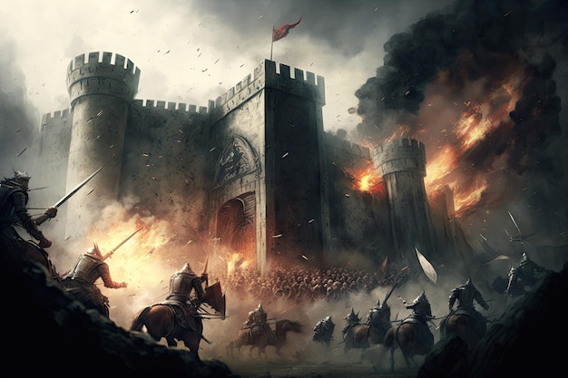 Storming of medieval castle fortress siege of city chaos Generative AI AIG15