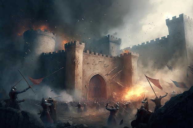 Storming of medieval castle fortress siege of city chaos generative ai aig15