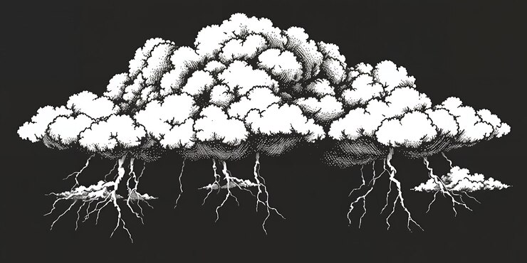 Foto stormwolken met blikseminslagen op een donkere achtergrond