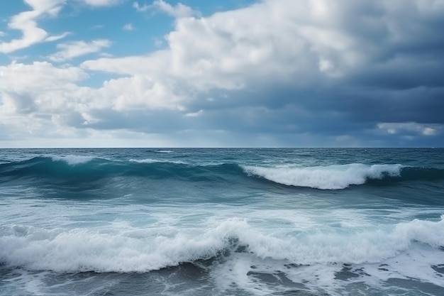 Stormy blue ocean with big waves and cloudy sky generative ai