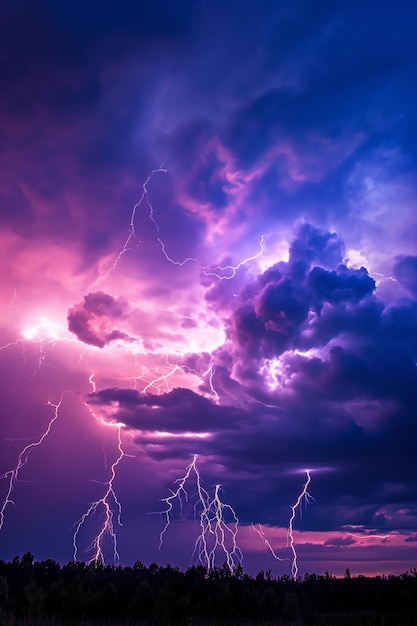 Photo stormy cloudy sky with numerous lightning strikes to the ground