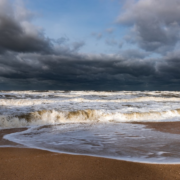 Stormy foamy sea, big waves