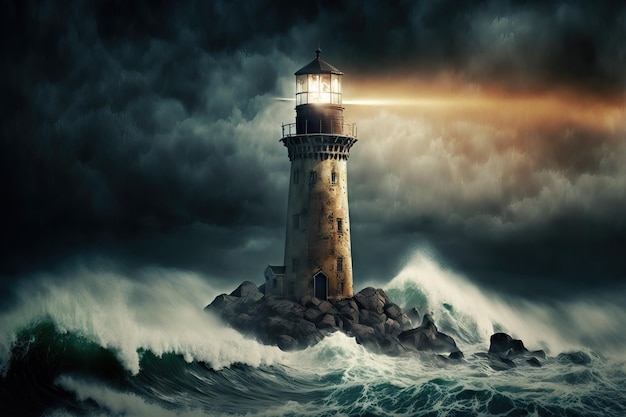 Stormy Landscape With A Lighthouse Leader And Vision Concept