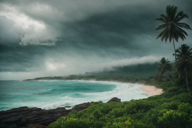 Foto cielo mattutino tempestoso bellissimo paesaggio con una riva tropicale dell'oceano generata dall'ai