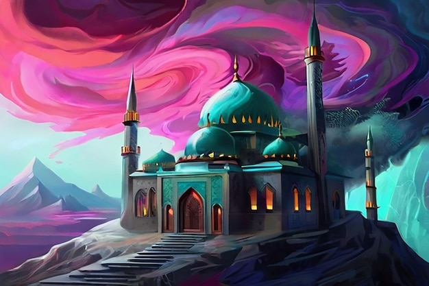 Stormy Mosque on a neon color house covered mountain top of swirling teal tornadoes