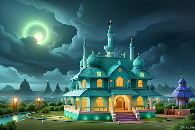 Stormy Mosque on a neon color house covered mountain top of swirling teal tornadoes