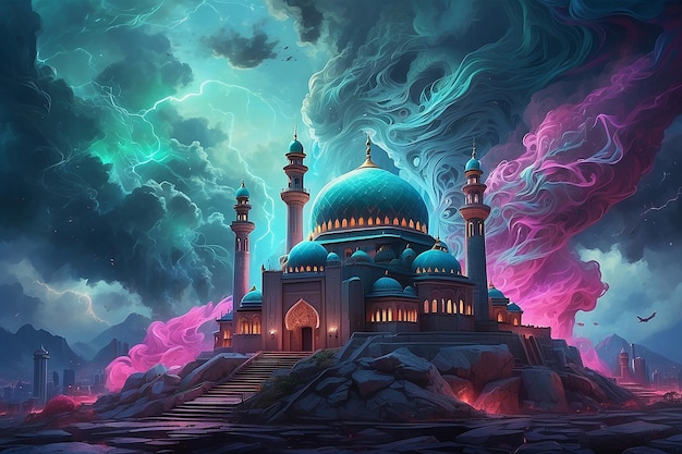 Stormy Mosque on a neon color house covered mountain top of swirling teal tornadoes