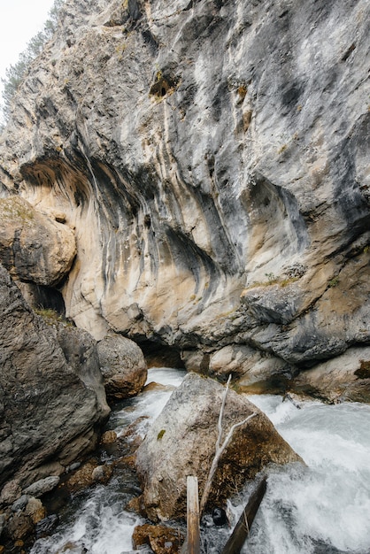 A stormy mountain river flows through a gorge of mountains. Nature.